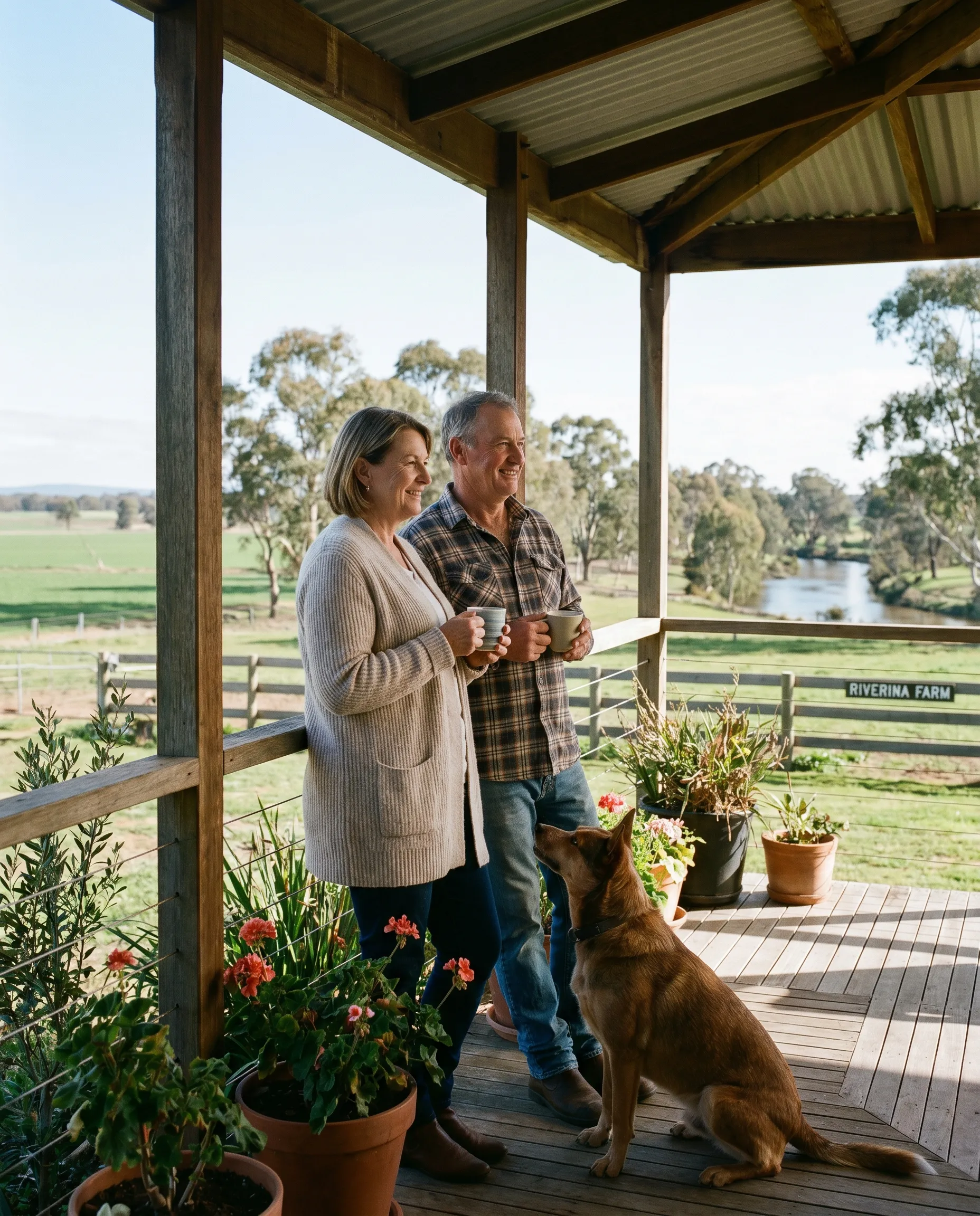 Australian couple on a country verandah at morning, kelpie at their feet, looking out across Riverina paddocks