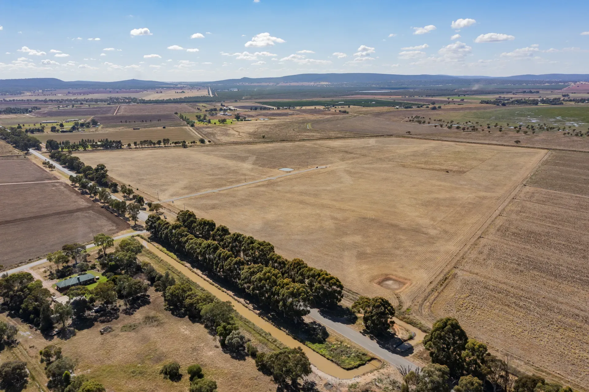 Aerial view of irrigated paddocks adjacent to Leeton Rise
