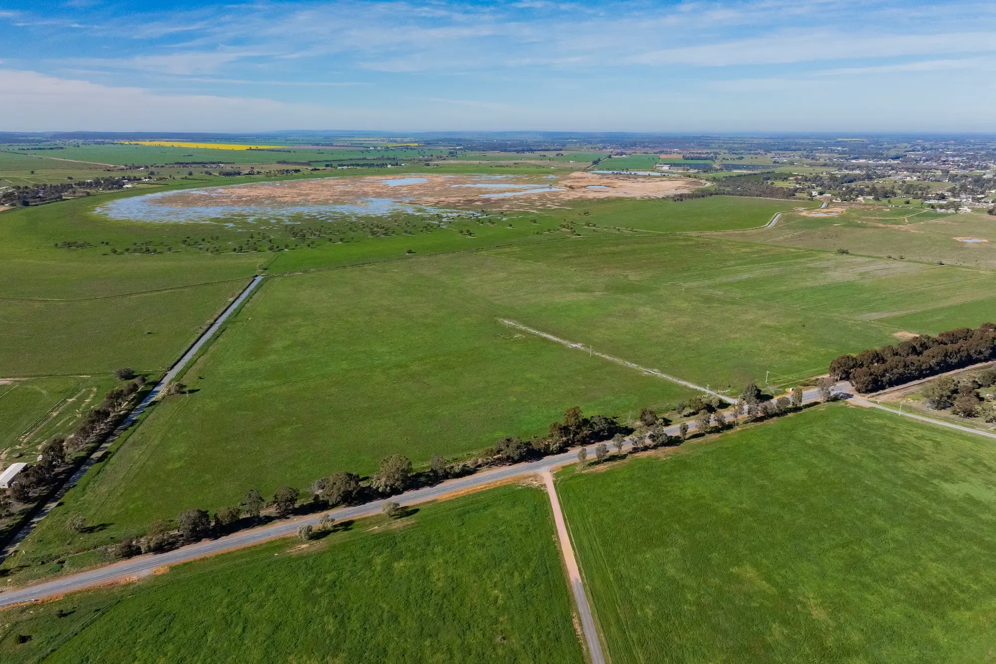 Winter aerial over the green Leeton Rise paddocks