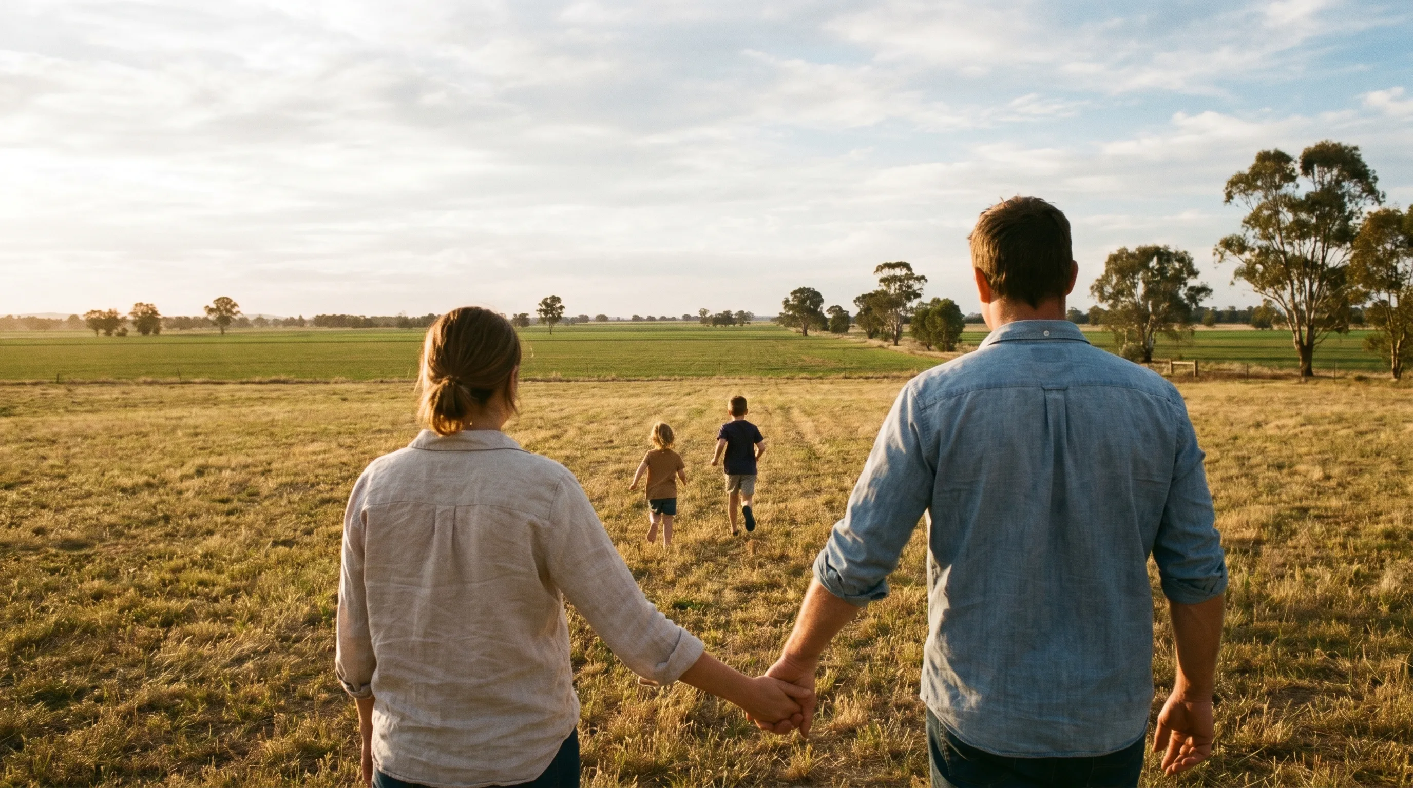 Australian family walking across a 1-acre Riverina paddock at golden hour, two children running ahead