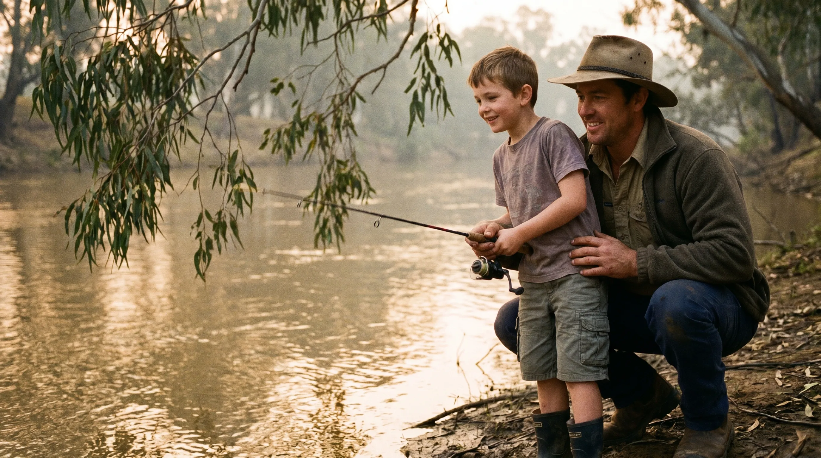 Australian dad and son fishing the Murrumbidgee River at dusk under overhanging eucalyptus trees