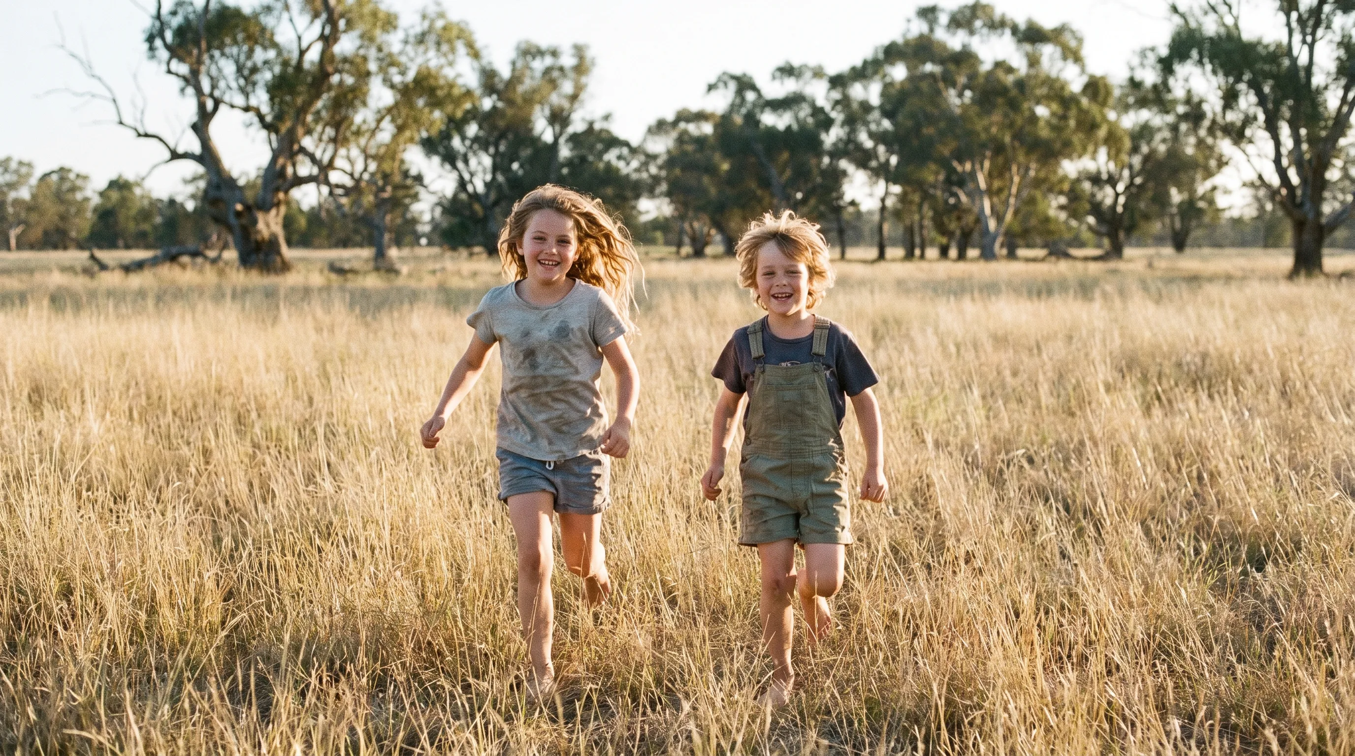 Two Australian children running barefoot through tall paddock grass at golden hour