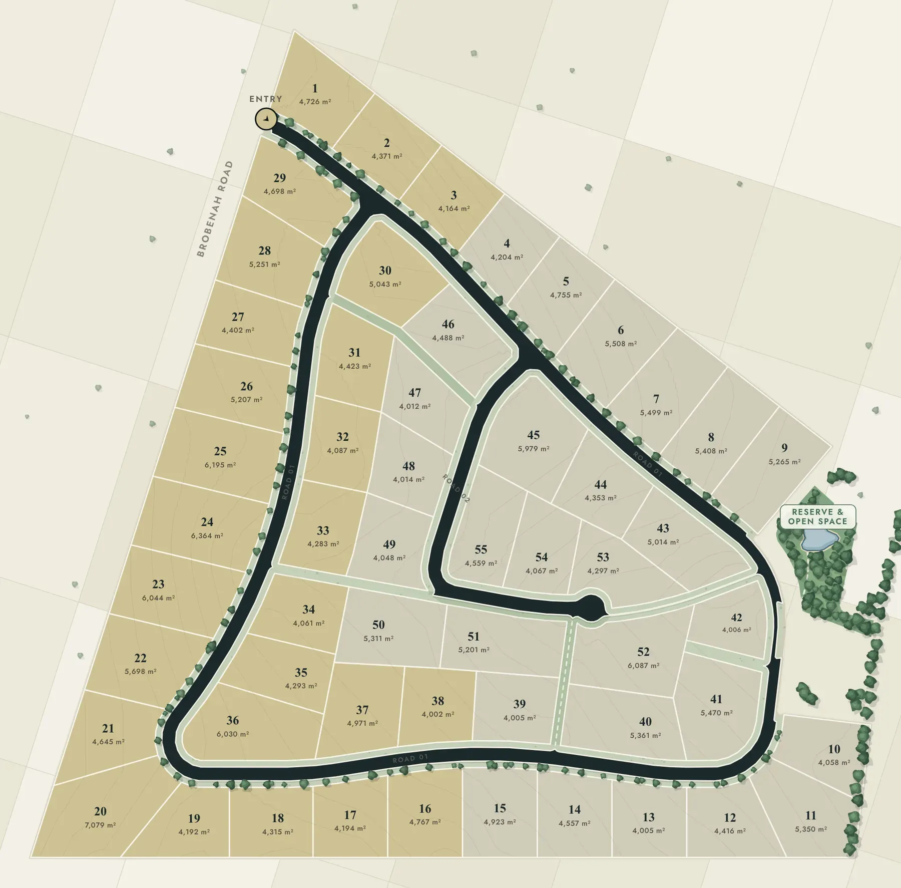 Leeton Rise masterplan, 55 lots across two stages, with an interactive lot overlay