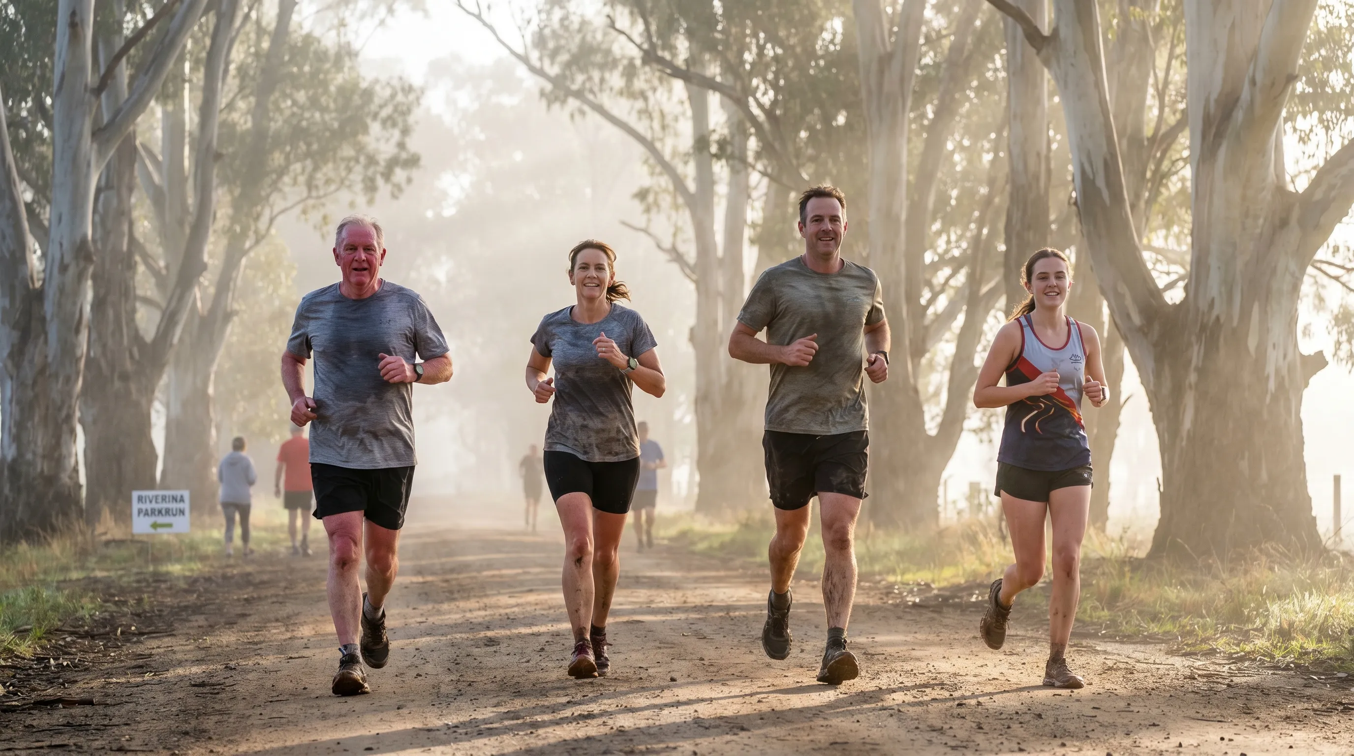 Mixed-age group of Australians running together at Saturday parkrun on a tree-lined country road in morning mist