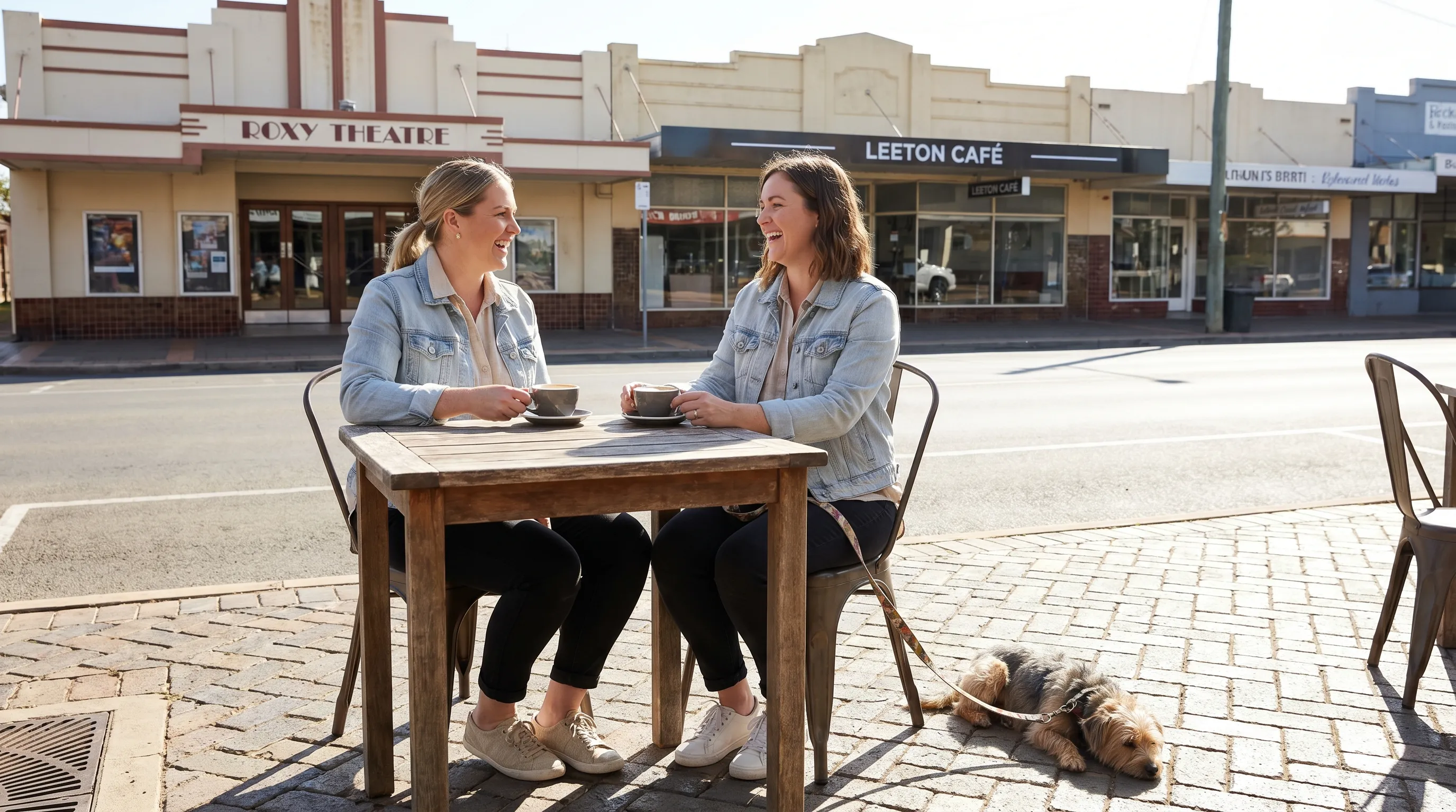 Two friends having morning coffee at an outdoor table on Pine Avenue Leeton with Art Deco shopfronts behind