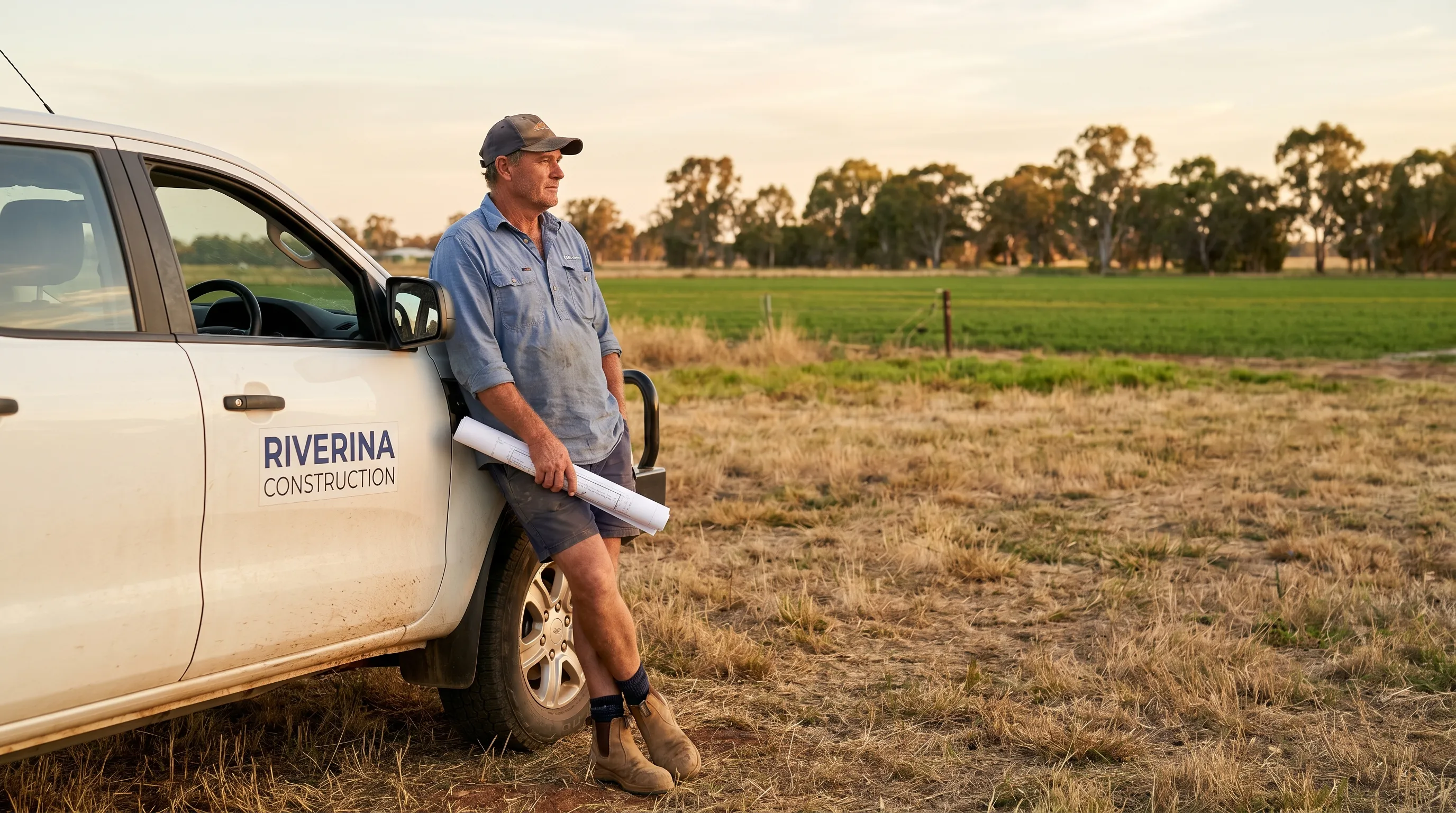 Australian builder leaning on a work ute with rolled plans beside a 1-acre Riverina building block
